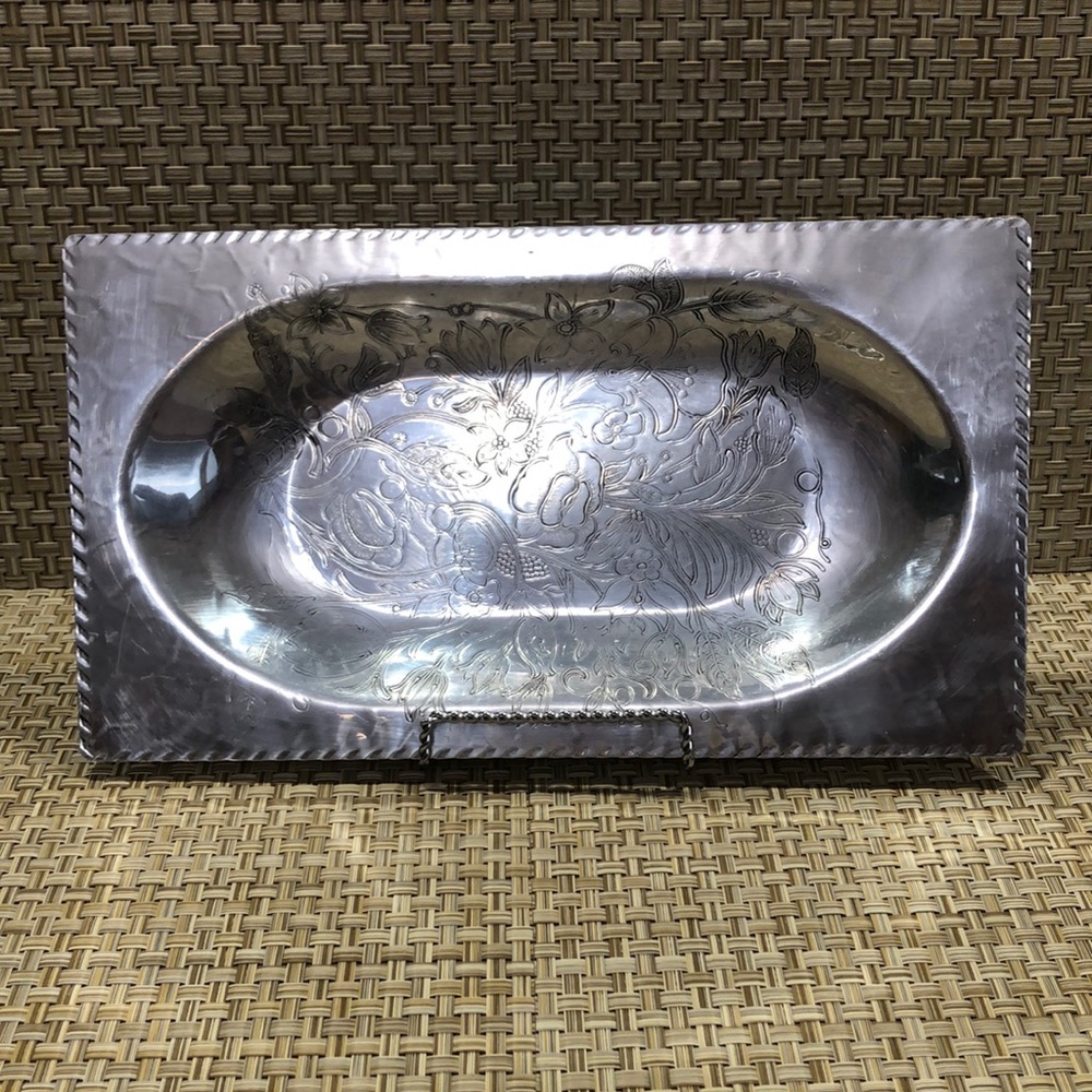 Vintage Aluminum Rectangle Etched Floral Tray Centerpiece